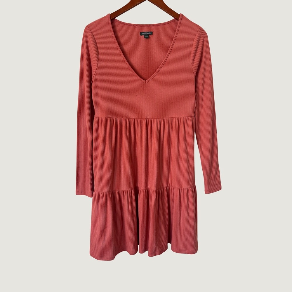 Wild Fable Womens Rust Ribbed V-Neck Tiered Babydoll Mini Dress Boho Orange M